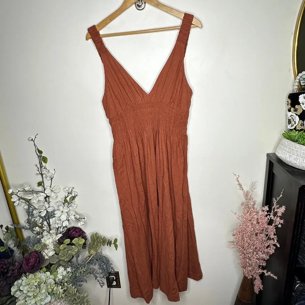 ABERCORMBIE & FITCH Scrunchie Strap Maxi Dress Rust Brown Sz L Petite $120 {D43}